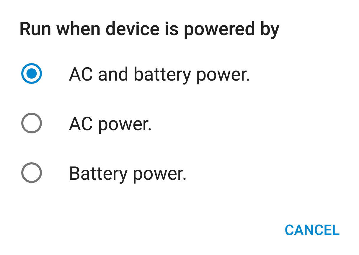 Let Syncthing run when running on battery power, if necessary
