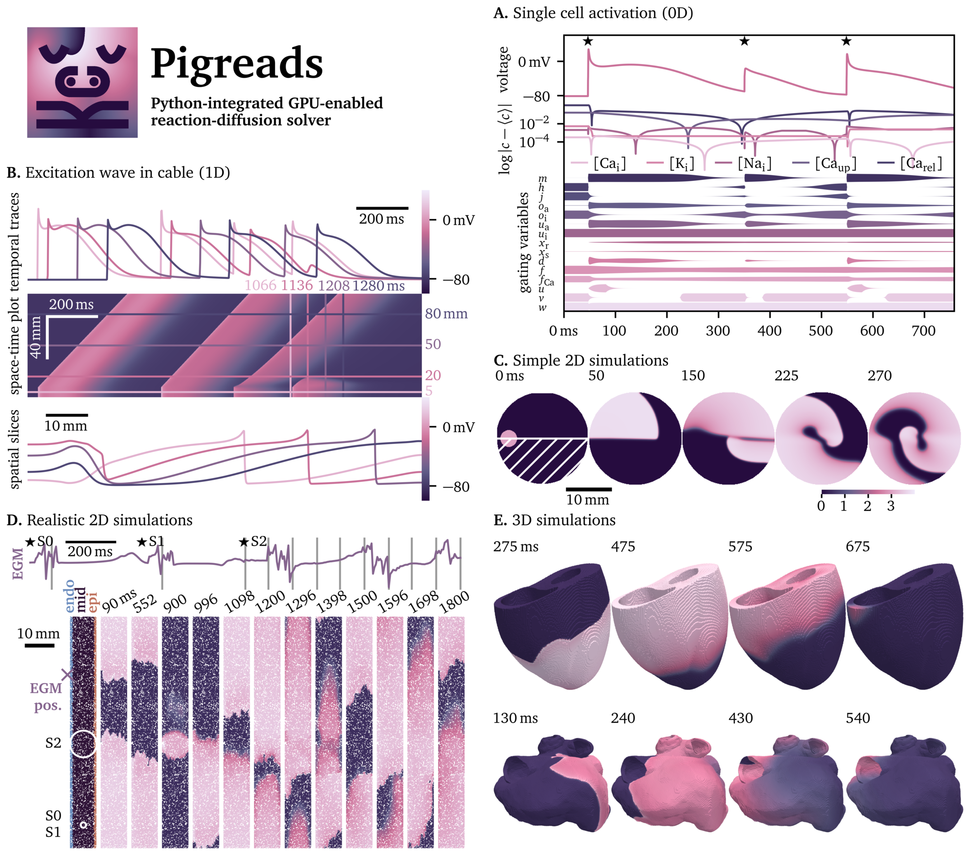 Pigreads can be used to solve reaction-diffusion systems in up to three dimensions