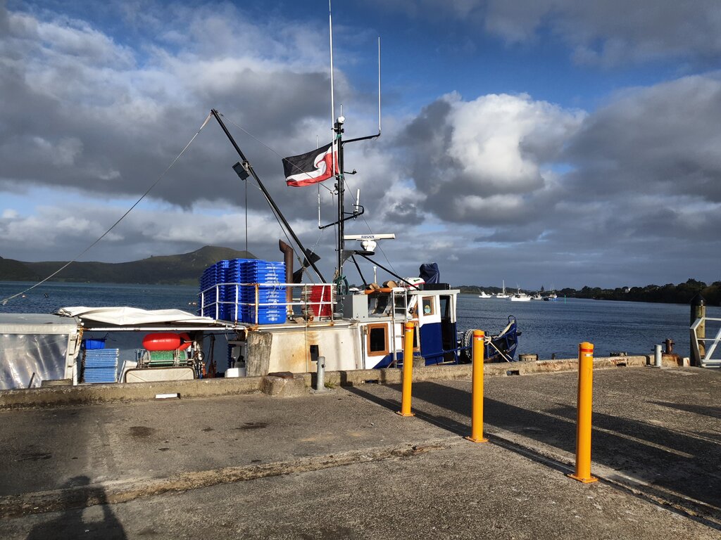 Ein Fischkutter mit der Flagge der Maori