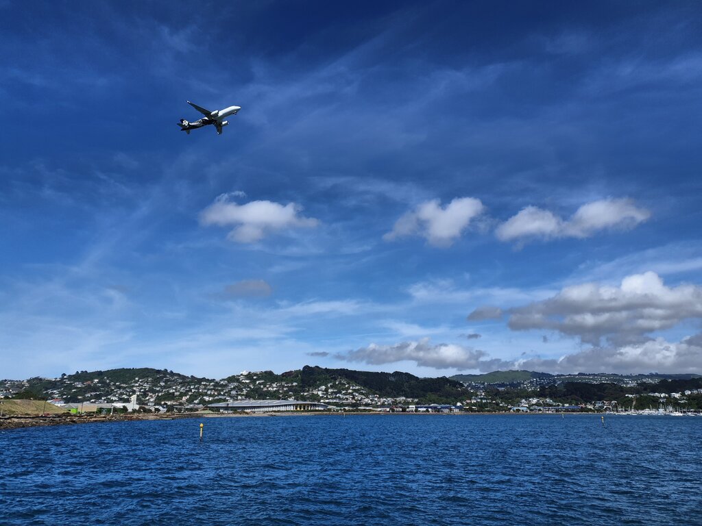 Der Flughafen Wellingtons liegt so, dass auf beiden Seiten der Start- und Landebahn praktisch nur Wasser liegt.